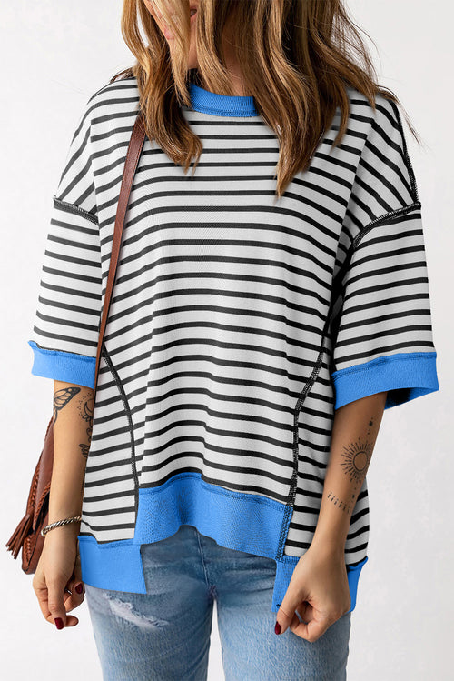 Sky Blue Stripe Contrast Drop Sleeve Loose