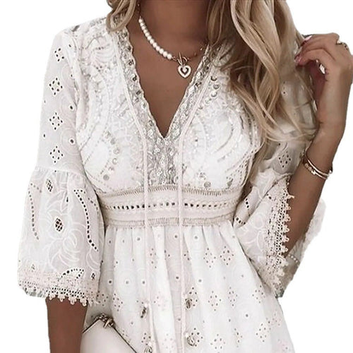 Women's New V-Neck White Hollowed Out Tassel Embroidered Dress