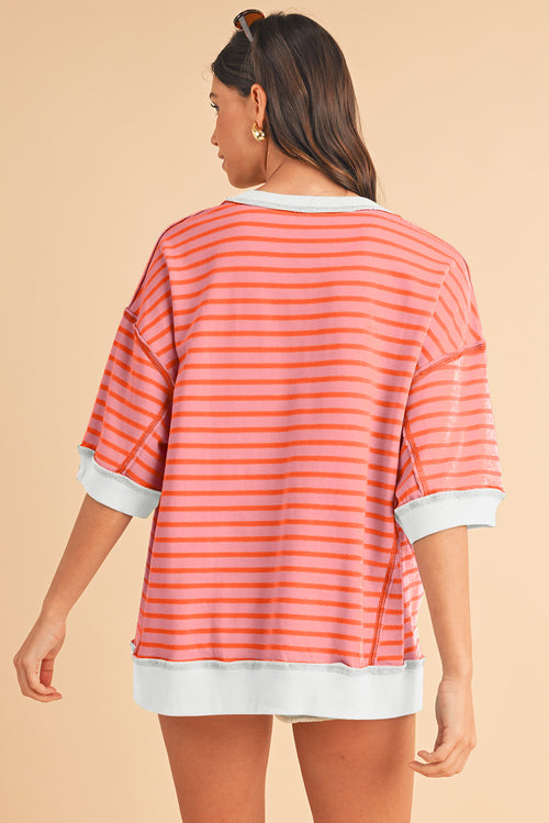 Sky Blue Stripe Contrast Drop Sleeve Loose