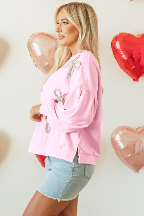 Light Pink Embroidered Bow Lantern Sleeve Oversized Pullover Sweatshirt