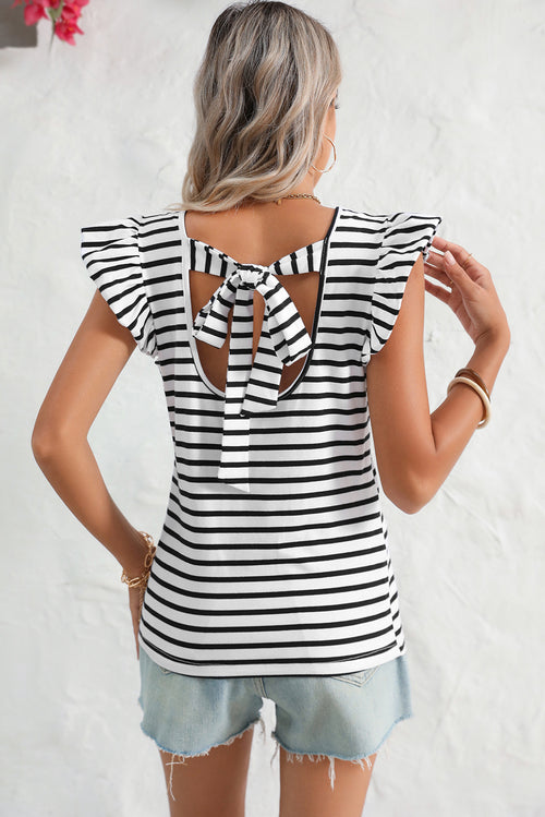 White Stripe V Neck Knotted Backless Ruffle