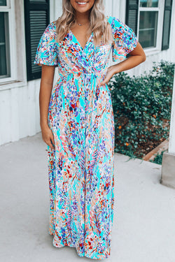 Print Wrap V Neck Short Sleeve Maxi