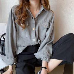 Blouses Shirts Dames Lente Zakken Lange mouw Mode Effen Koreaans