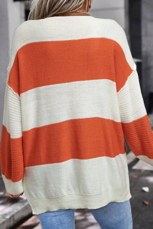 Orange Colorblock V Neck Side Slits Sweater