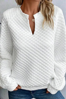White Quilted V-Neck Solid Color Long Sleeve