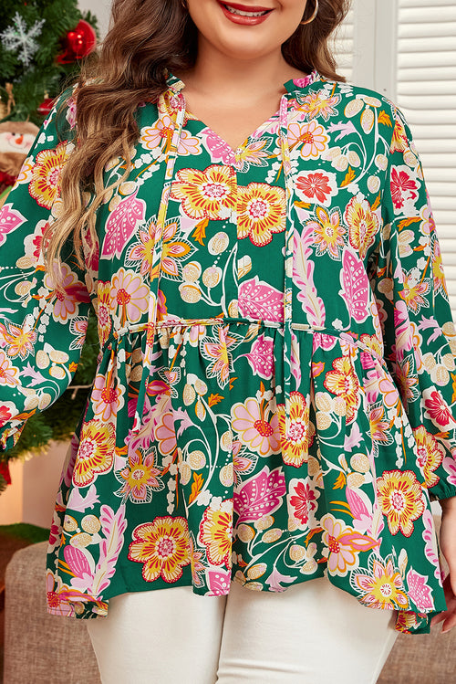 Green Floral Tied V Neck Long Sleeve