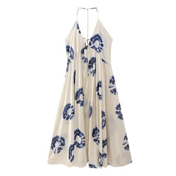 Women Summer Printed Dress New  Beach Style Elegant Deep Neck Halter Backless