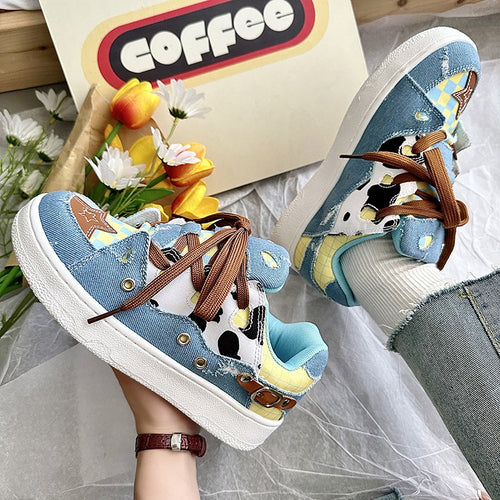 Bread Shoes Cow Pattern Denim Canvas Stitching Retro Men and Women Breathable Comfortable Casual Skateboard Shoes