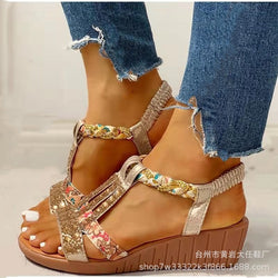 Bohemian style casual set foot water diamond slope heel round toe beach sandals for women