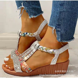 Bohemian style casual set foot water diamond slope heel round toe beach sandals for women