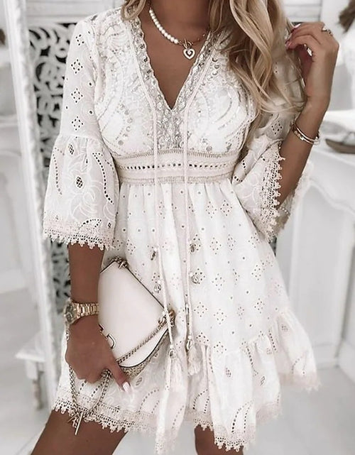 Women's New V-Neck White Hollowed Out Tassel Embroidered Dress