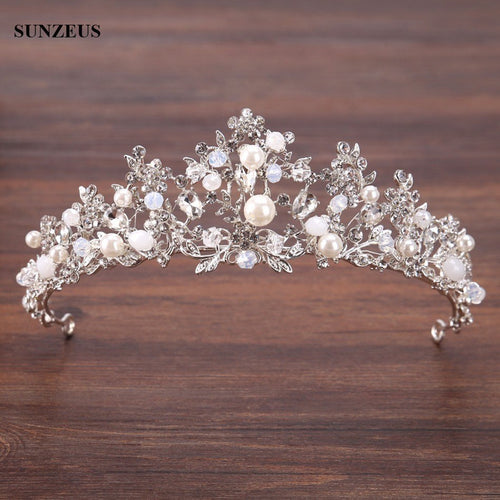 Zilveren kristallen bruidstiara met parels hoofdband bruiloft kroon voor bruiden huwelijksaccessoires 