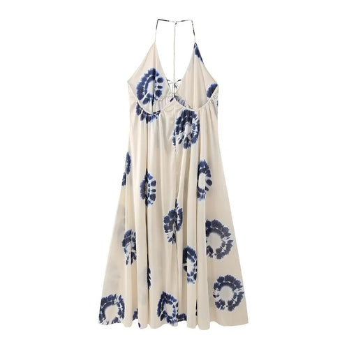 Women Summer Printed Dress New  Beach Style Elegant Deep Neck Halter Backless