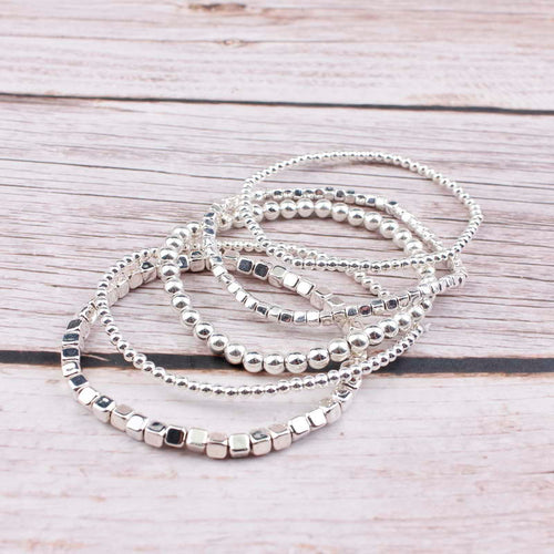 Gold Filled Beads Pearl  Elastic Bangles Sets for Women Silver Color Mini Cube Beaded Bracelets Jewelry