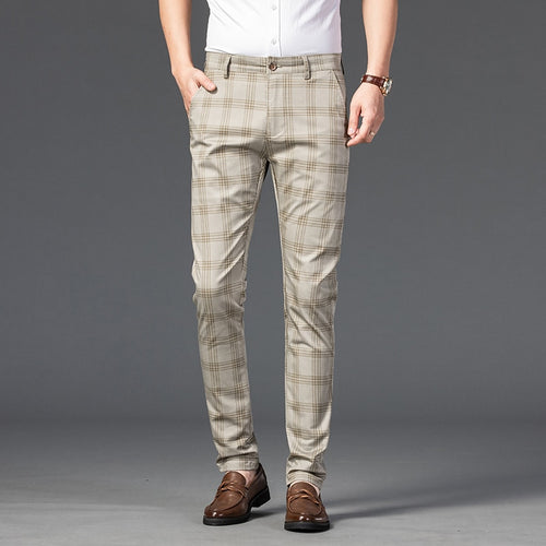 Brand Men's Stripe Plaid Casual Pants Men Cotton Four Seasons High Quality Business Trousers Men's Slim Dark gray Straight Pant