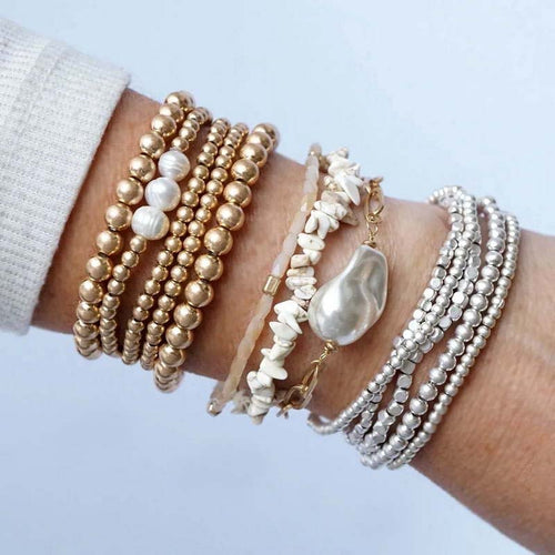 Gold Filled Beads Pearl  Elastic Bangles Sets for Women Silver Color Mini Cube Beaded Bracelets Jewelry