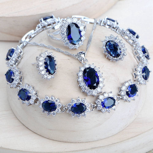 Zilver 925 Dames Bruidssieraden Sets Blauwe Zirkonia Kostuum Fijne Sieraden Bruiloft Ketting Oorbellen Ringen Armbanden Hanger Set 