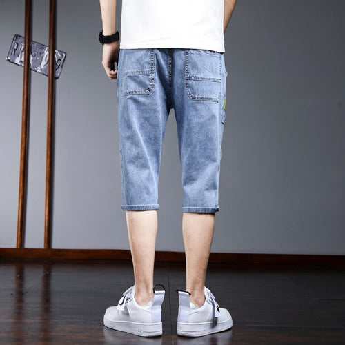 Summer Jeans Shorts Mens Denim Elastic Stretched Cotton Thin Jean Light Blue Calf Length Pants Male Cropped Denim Short