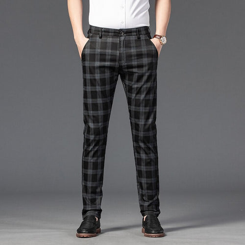 OUSSYU Brand Men's Plaid Pants Casual Elastic Long Trousers Cotton Blue Skinny Business Work Pant for Male Classic Clothing