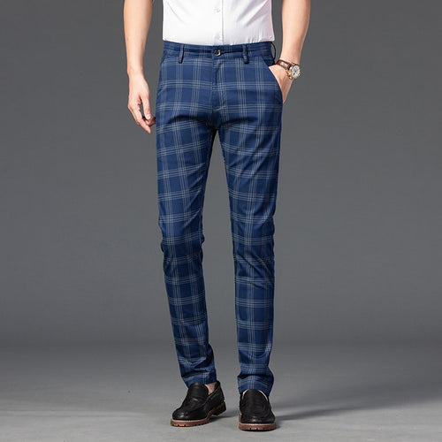 OUSSYU merk heren geruite broek casual elastische lange broek katoen blauw skinny zakelijke werkbroek voor mannelijke klassieke kleding 