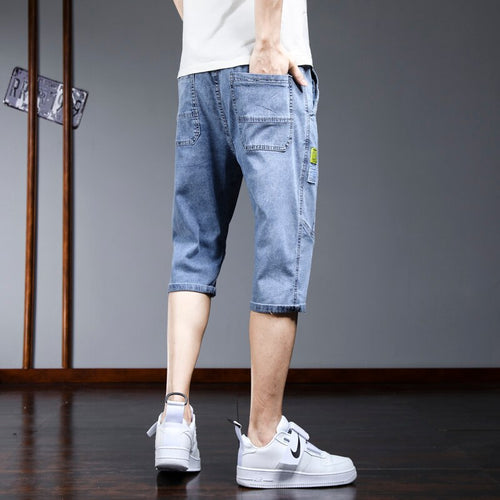 Summer Jeans Shorts Mens Denim Elastic Stretched Cotton Thin Jean Light Blue Calf Length Pants Male Cropped Denim Short