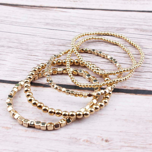 Gold Filled Beads Pearl  Elastic Bangles Sets for Women Silver Color Mini Cube Beaded Bracelets Jewelry