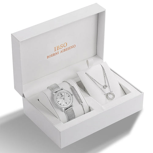 IBSO 2022 Women's Quartz Watch Set Crystal Bracelet Necklace Watch Sets Female Jewelry Set Silver Set Watch Valentine's Day Gift