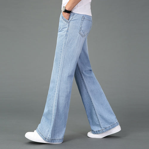 Gratis Verzending Nieuwe Mannen 2023 Zomer Dunne Lichtgewicht Wijde Pijpen Rechte Jeans Big Size Business Casual Flare broek Zwart Blauw 