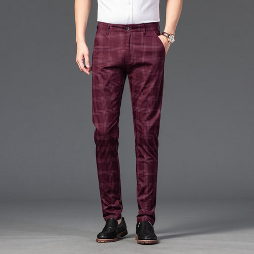 OUSSYU merk heren geruite broek casual elastische lange broek katoen blauw skinny zakelijke werkbroek voor mannelijke klassieke kleding 