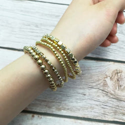 Gold Filled Beads Pearl  Elastic Bangles Sets for Women Silver Color Mini Cube Beaded Bracelets Jewelry