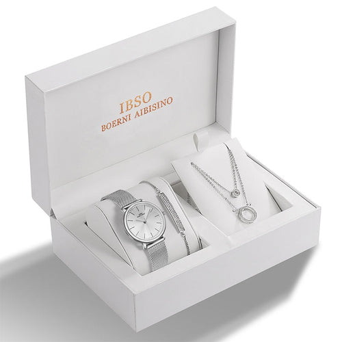 IBSO 2022 Women's Quartz Watch Set Crystal Bracelet Necklace Watch Sets Female Jewelry Set Silver Set Watch Valentine's Day Gift