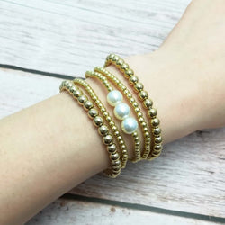 Gold Filled Beads Pearl  Elastic Bangles Sets for Women Silver Color Mini Cube Beaded Bracelets Jewelry