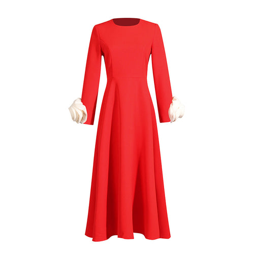 French Elegant Autumn Round Neck Long Sleeve Three Dimensional Floral Stitching Solid Color Maxi Dress Women