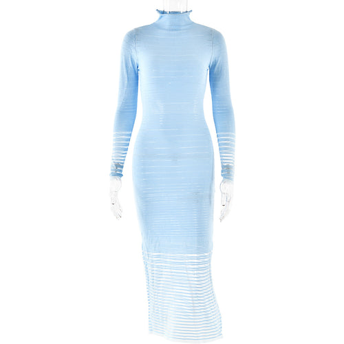 Autumn Winter Dress Knitted Long Sleeved Sexy Slim Striped See through Dress