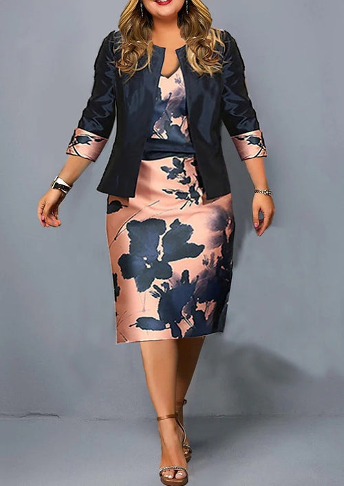 Two-Piece Set, Short Three-Quarter Sleeve Top, Plus Size Women's Hip Skirt