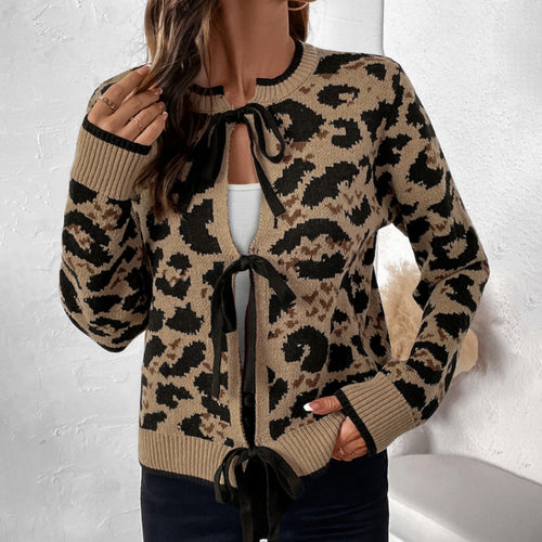 Popular Leopard Bow Lace up Sweater Autumn Winter Cardigan Knitted Top for Women