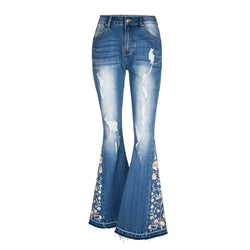 Casual Flared Jeans Dames Zware Industrie 3D Borduren Dames Jeans Broek Bell-Bottom Broek