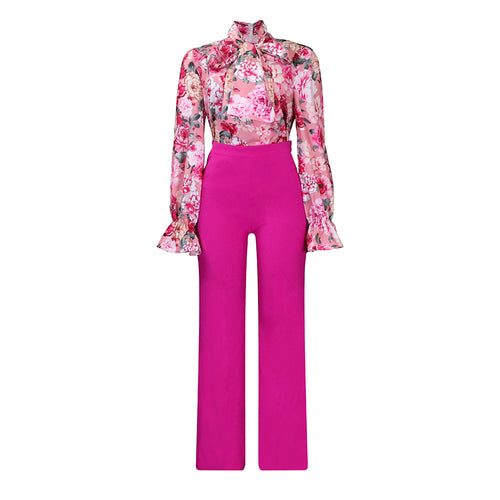 Loose Large Size Casual Printed Long-sleeved Shirt Wide-leg Pants Cross-border Two-piece Set