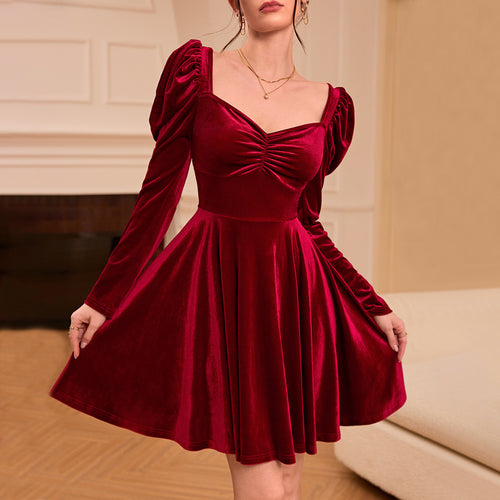 Women Clothing French Classic Wine Red Dress Autumn Winter High Waist Korean Velvet Midi