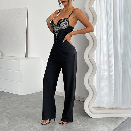 Stitching Sexy Lace Contrast Color Fall Inner Suspender Jumpsuit High Waist Trousers Jumpsuit