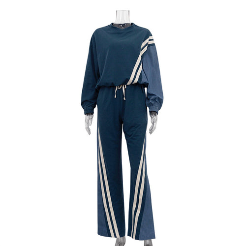 Autumn Winter Sports Contrast Color Striped Sweater Sets Pullover Top Drawstring Trousers Two Piece Set