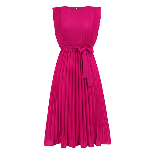 Ruffle Sleeve Folding Pleated Dress Solid Color