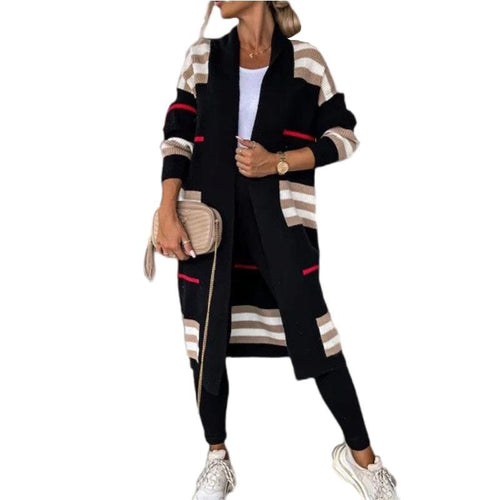 Women Clothing Sweater Long Striped Sweater Oversized Loose Cardigan Contrast Color Knitted Coat