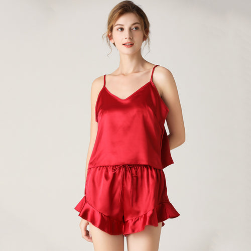 Silk V-neck Strap Shorts Two-piece Pajamas