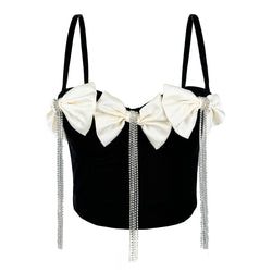 Autumn Winter Delicate Rhinestone Tassel Heavy Industry Double Black Big Bow Diamond Chain Bow Tie Boning Corset Bra