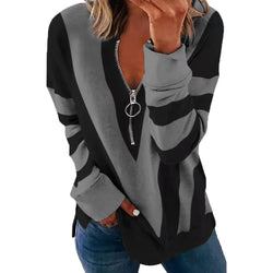 Autumn Winter Printed Long Sleeve V neck Zipper Casual Loose Sweater Women