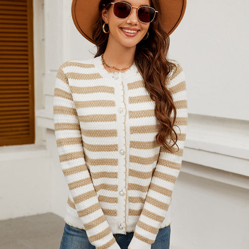 Women Striped Sweater Button Knitted Cardigan Coat Autumn Winter