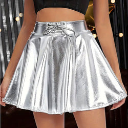 Silver Faux Leather Short  Umbrella Elastic Bandage A Line