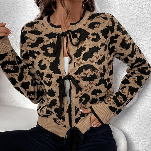 Popular Leopard Bow Lace up Sweater Autumn Winter Cardigan Knitted Top for Women