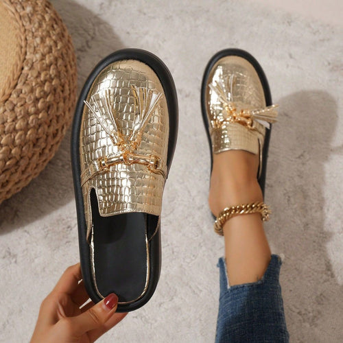 Thick Bottom Metal Buckle Muller Half Slippers Spring Autumn plus Size Stone Pattern Sandals Women